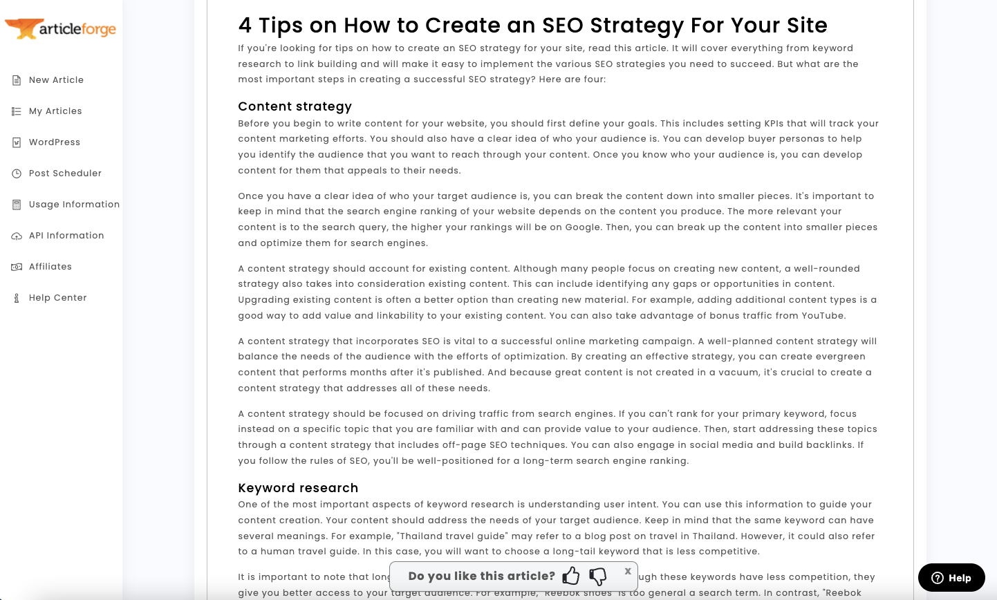 screenshot of Article Forge